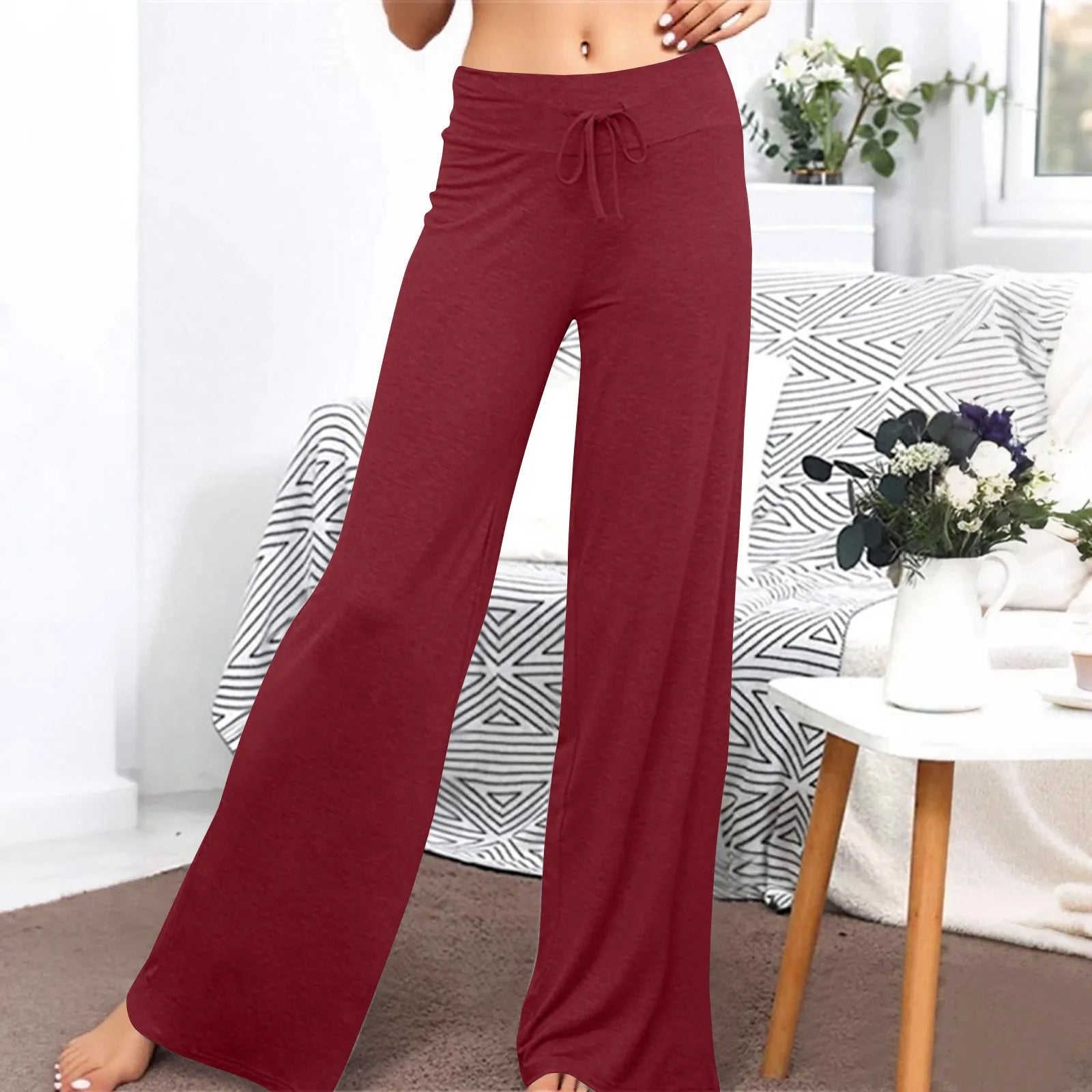 Activewear Women Wide Leg Pants Casual Cotton Yoga Pants With Pockets High Waist Drawstring Baggy Sweatpants Flare Leggings