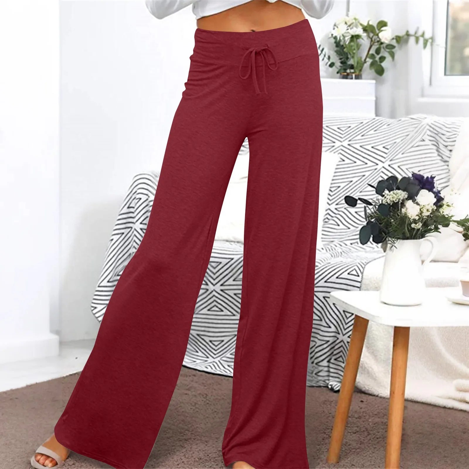 Activewear Women Wide Leg Pants Casual Cotton Yoga Pants With Pockets High Waist Drawstring Baggy Sweatpants Flare Leggings