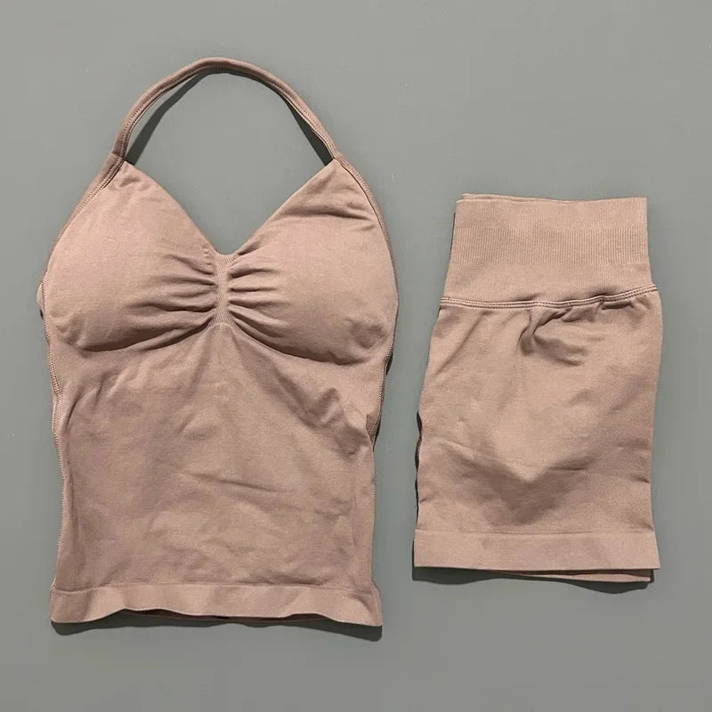 2 Pieces Impact Sports Set Women Backless Tank Yoga Tops High Waist Scrunch Seamless Shorts Sport Gym Set Sportswear Workout Set