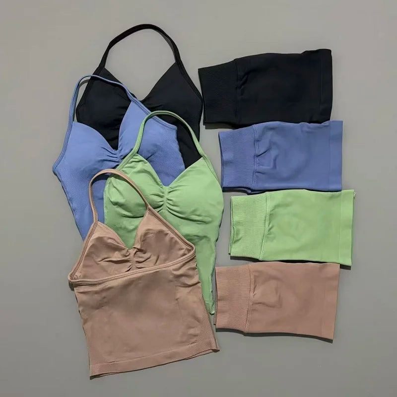 2 Pieces Impact Sports Set Women Backless Tank Yoga Tops High Waist Scrunch Seamless Shorts Sport Gym Set Sportswear Workout Set