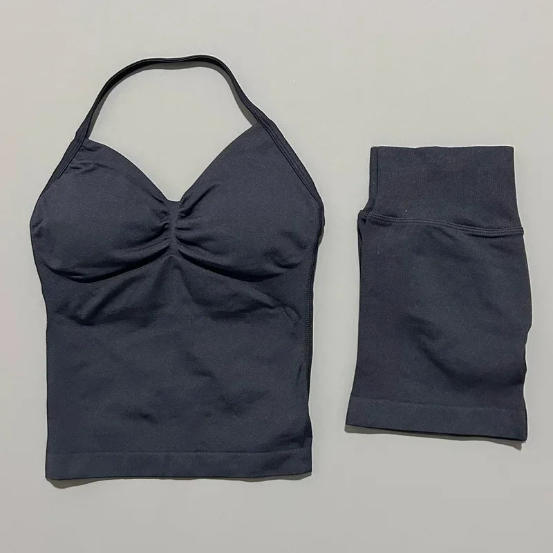 2 Pieces Impact Sports Set Women Backless Tank Yoga Tops High Waist Scrunch Seamless Shorts Sport Gym Set Sportswear Workout Set