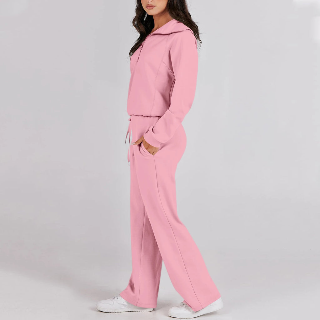Active Fashion Women Two Piece Set Half Zip Collar Sweatshirt Popular Wide Leg Pants Pocket Design Comfy Lounge Sports Outfit