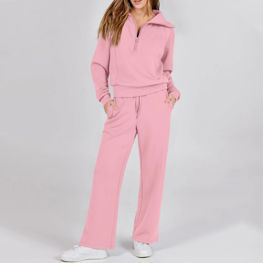 Active Fashion Women Two Piece Set Half Zip Collar Sweatshirt Popular Wide Leg Pants Pocket Design Comfy Lounge Sports Outfit