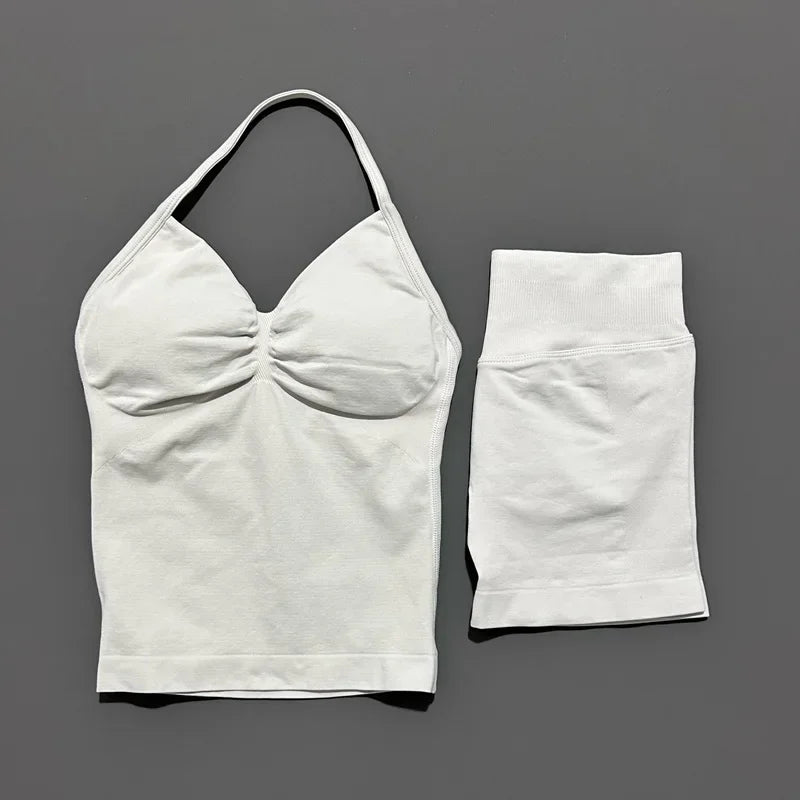 2 Pieces Impact Sports Set Women Backless Tank Yoga Tops High Waist Scrunch Seamless Shorts Sport Gym Set Sportswear Workout Set