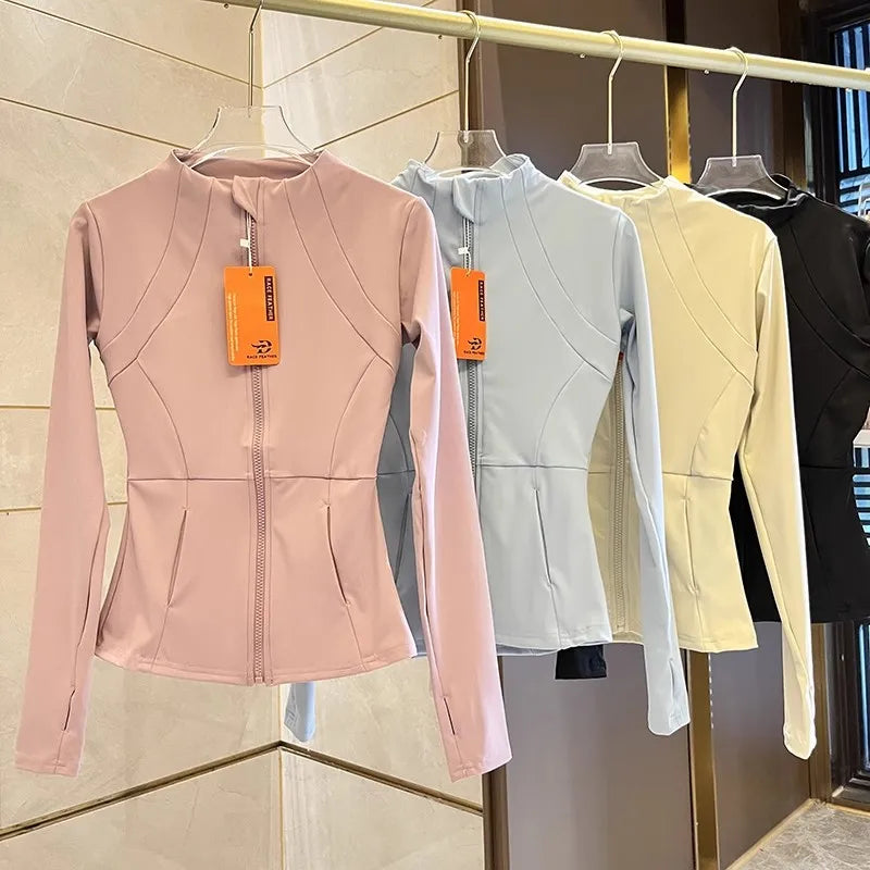 Women Sports Jacket Zip Fitness Yoga Shirt Workout Running Coats Warm Gym Long Sleeve Top Cardigan Slim Tight Jacket Activewear