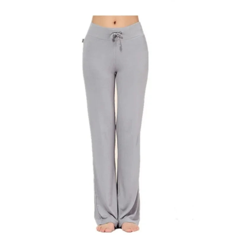 Activewear Women Wide Leg Pants Casual Cotton Yoga Pants With Pockets High Waist Drawstring Baggy Sweatpants Flare Leggings