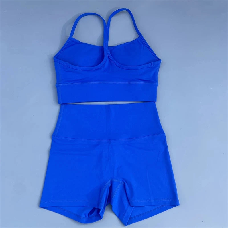 Solid Color gym bike Yoga Set short Legging +cross Y sport bra Tracksuit  Athletic Women Gym Suit Comprehensive Training Jogging