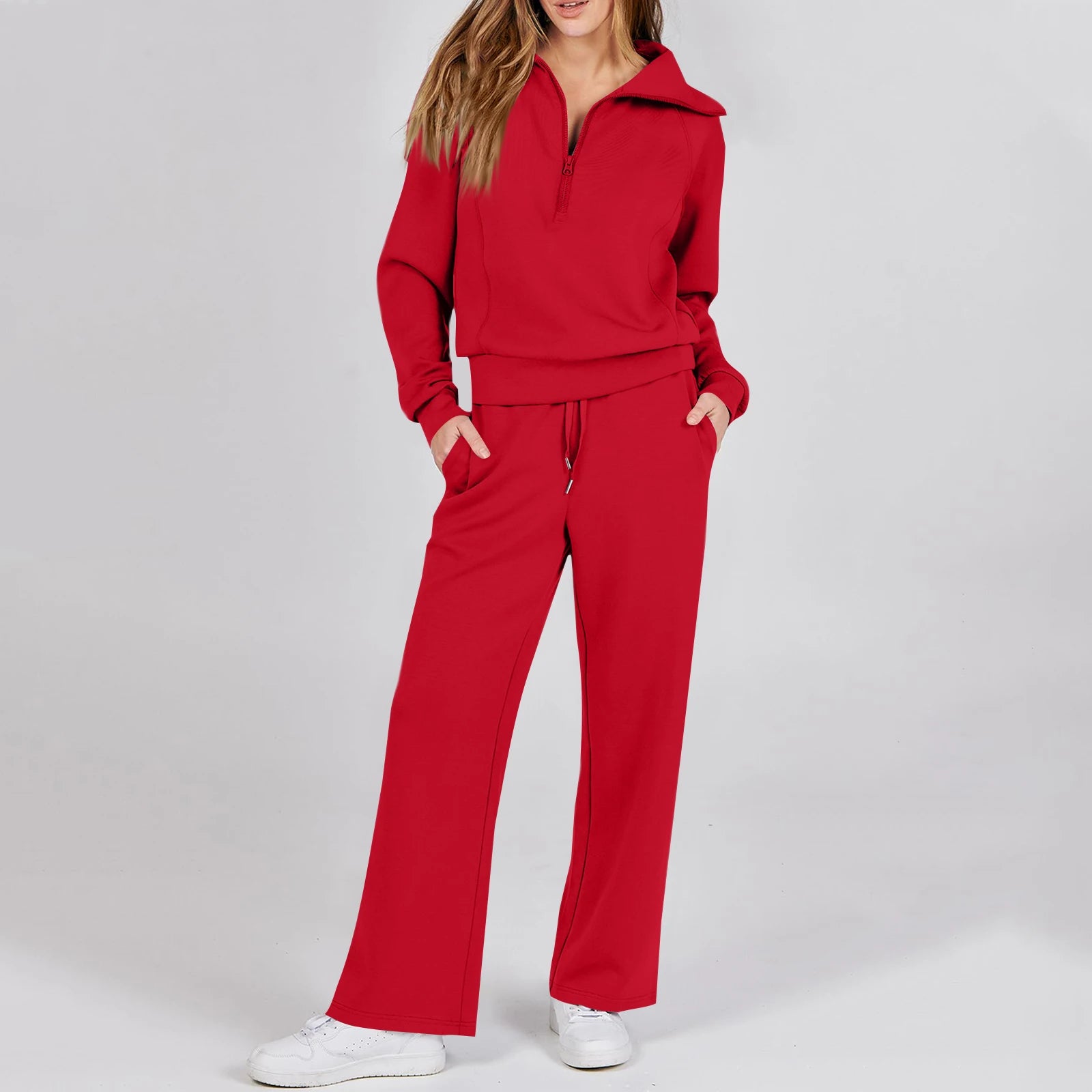 Active Fashion Women Two Piece Set Half Zip Collar Sweatshirt Popular Wide Leg Pants Pocket Design Comfy Lounge Sports Outfit