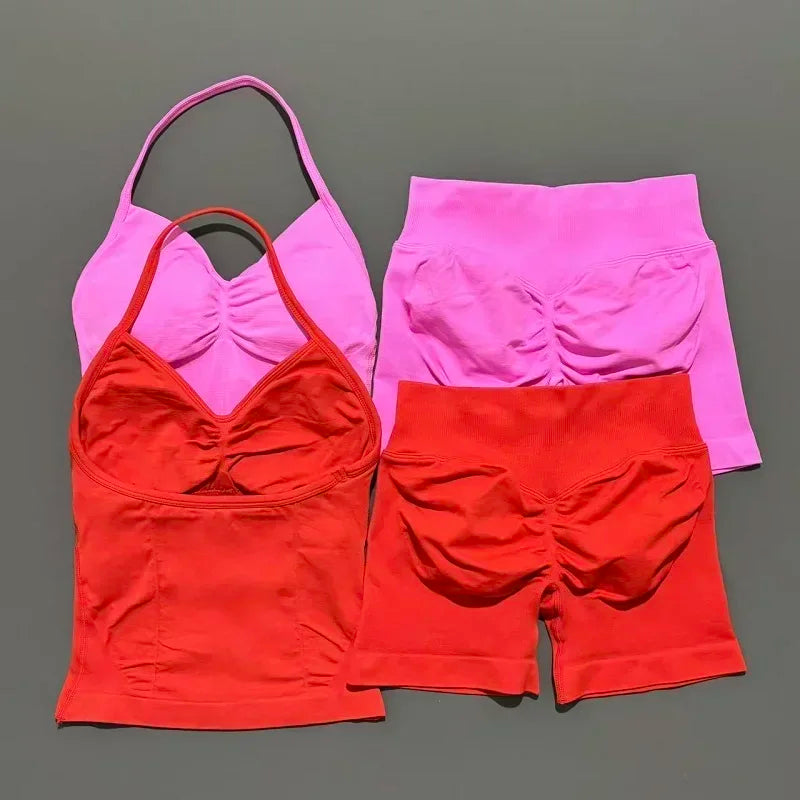 2 Pieces Impact Sports Set Women Backless Tank Yoga Tops High Waist Scrunch Seamless Shorts Sport Gym Set Sportswear Workout Set