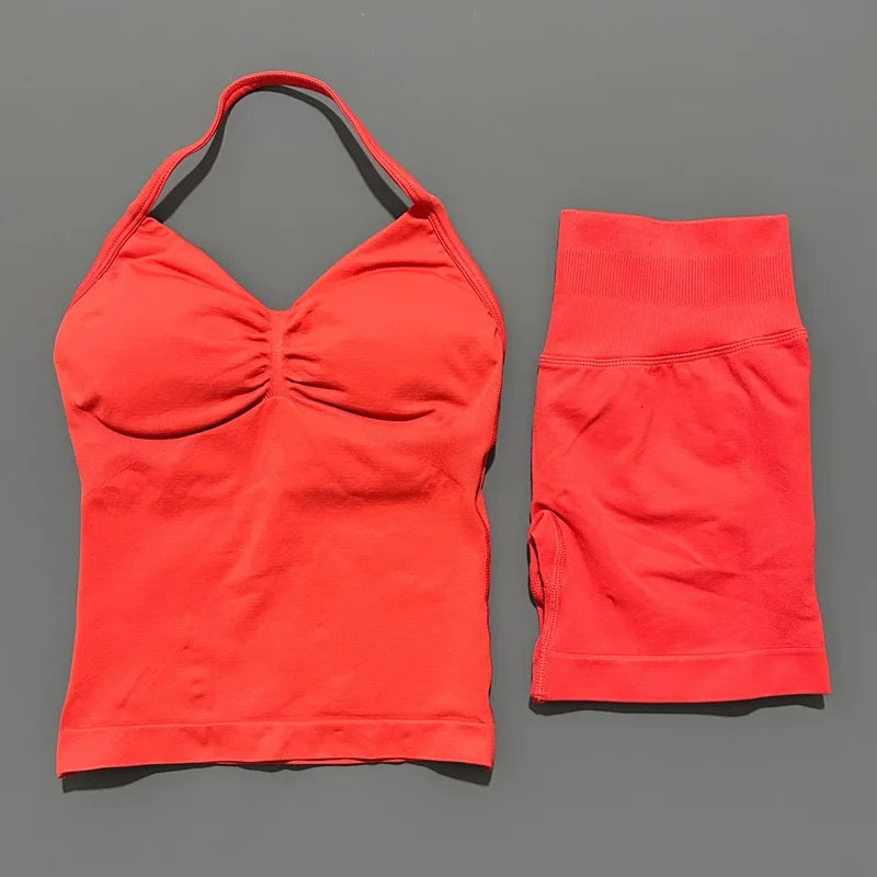 2 Pieces Impact Sports Set Women Backless Tank Yoga Tops High Waist Scrunch Seamless Shorts Sport Gym Set Sportswear Workout Set