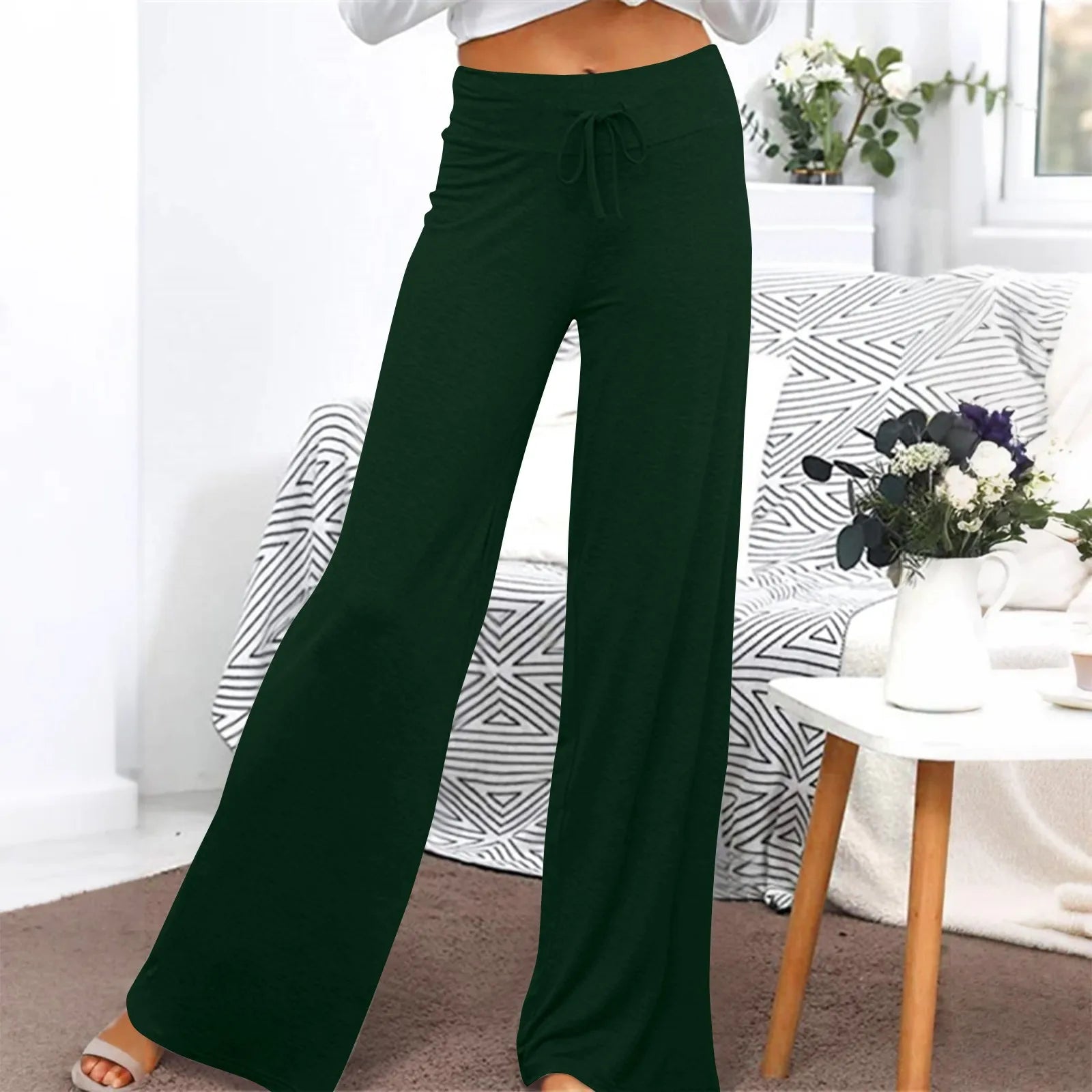 Activewear Women Wide Leg Pants Casual Cotton Yoga Pants With Pockets High Waist Drawstring Baggy Sweatpants Flare Leggings