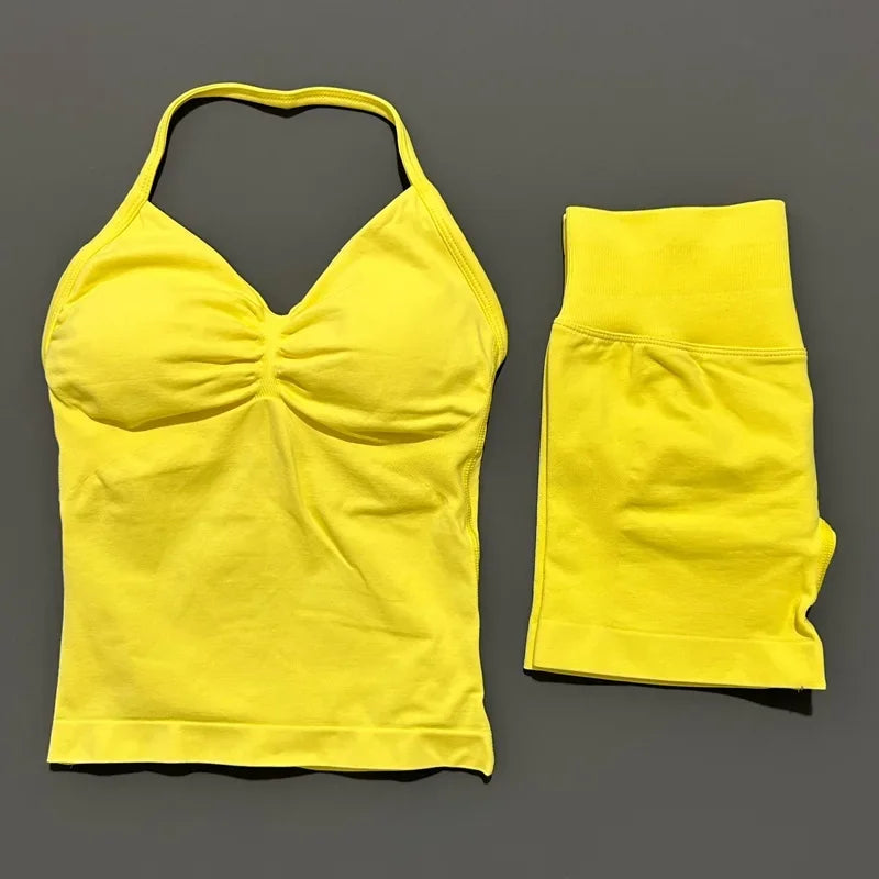 2 Pieces Impact Sports Set Women Backless Tank Yoga Tops High Waist Scrunch Seamless Shorts Sport Gym Set Sportswear Workout Set