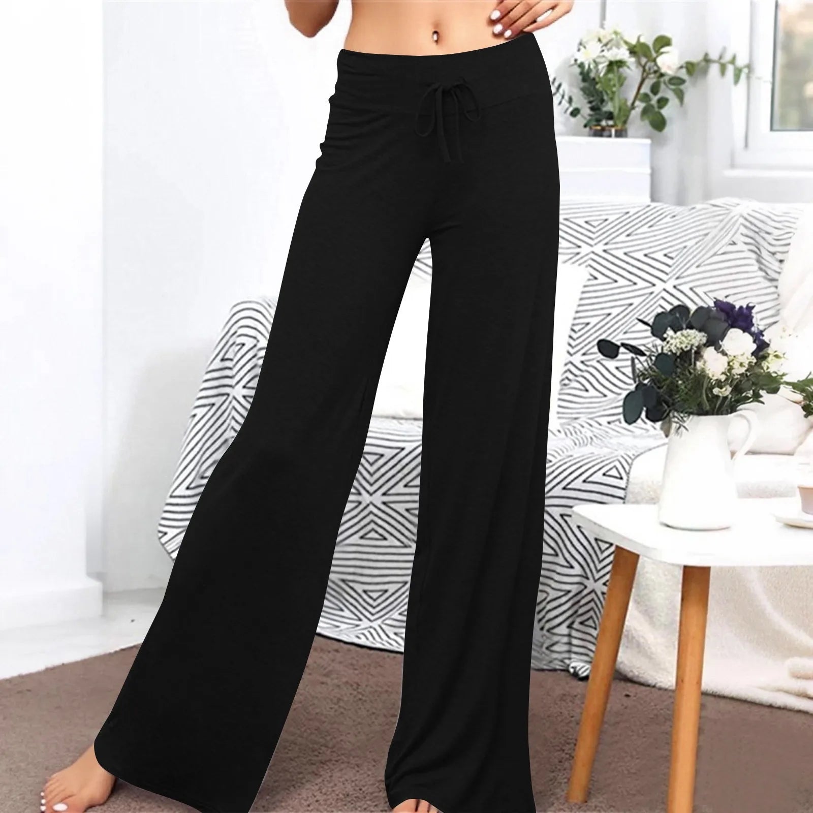 Activewear Women Wide Leg Pants Casual Cotton Yoga Pants With Pockets High Waist Drawstring Baggy Sweatpants Flare Leggings