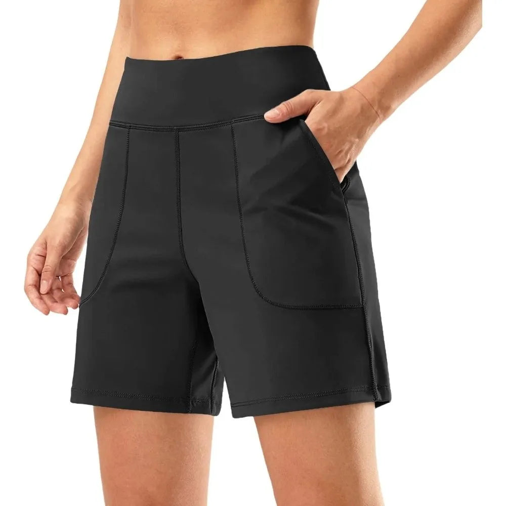 Active Wear Elastic Waist Women Running Shorts High Waist with Pockets Sport Shorts Breathable Comfortable Yoga Pants Workout