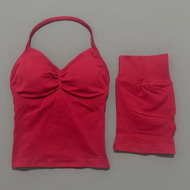 2 Pieces Impact Sports Set Women Backless Tank Yoga Tops High Waist Scrunch Seamless Shorts Sport Gym Set Sportswear Workout Set