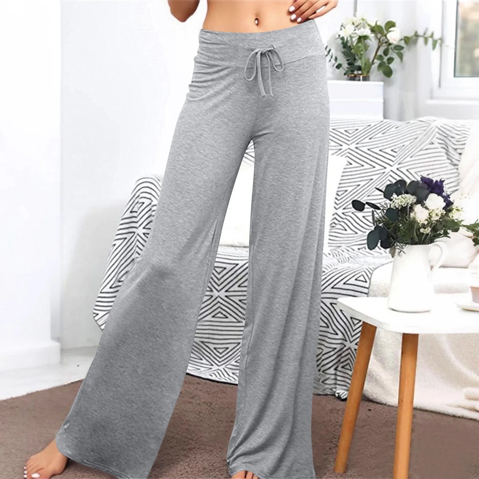 Activewear Women Wide Leg Pants Casual Cotton Yoga Pants With Pockets High Waist Drawstring Baggy Sweatpants Flare Leggings