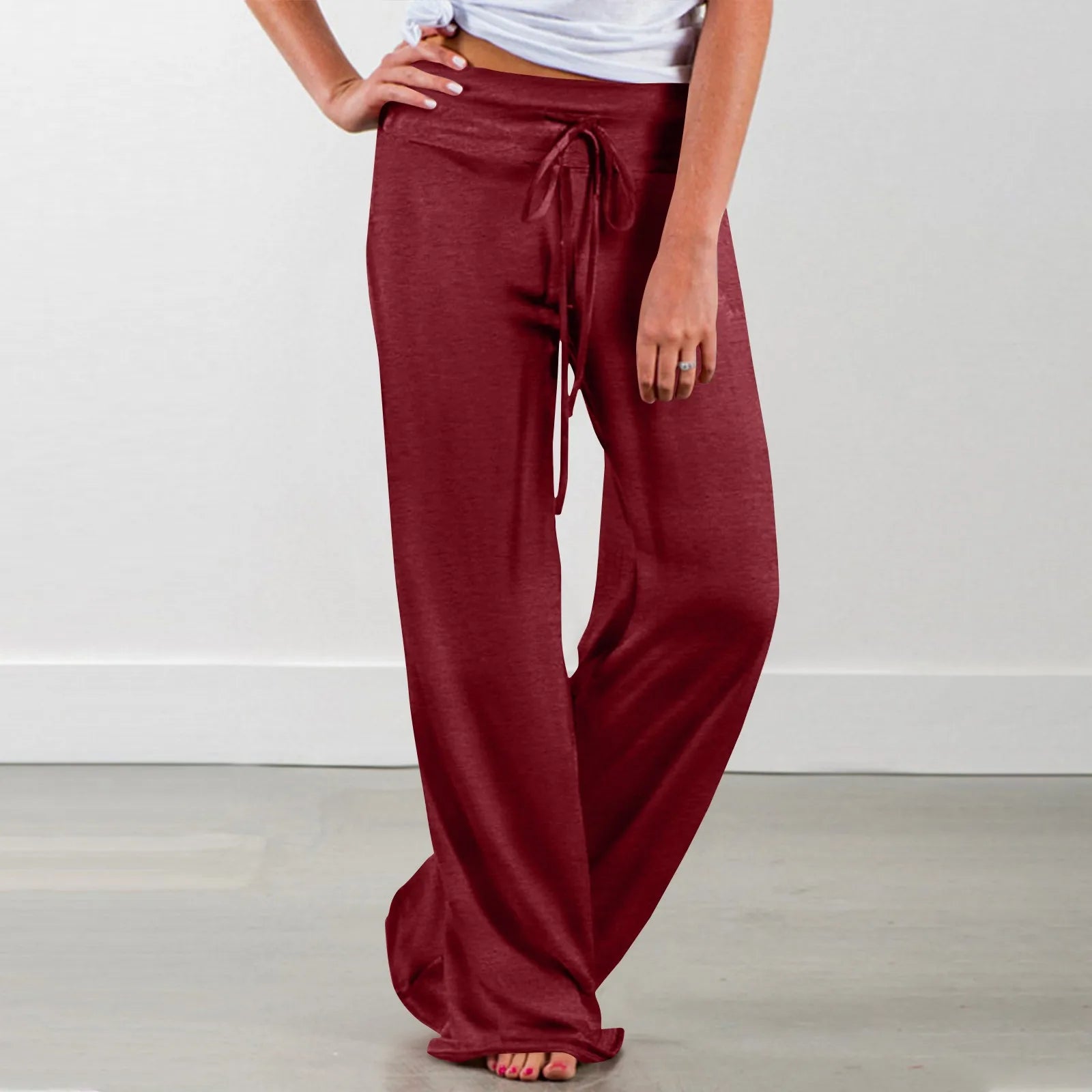 Activewear Women Wide Leg Pants Casual Cotton Yoga Pants With Pockets High Waist Drawstring Baggy Sweatpants Flare Leggings