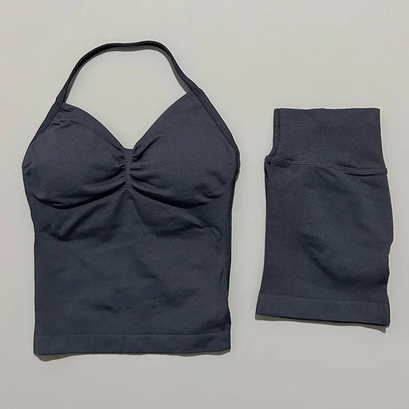 2 Pieces Impact Sports Set Women Backless Tank Yoga Tops High Waist Scrunch Seamless Shorts Sport Gym Set Sportswear Workout Set
