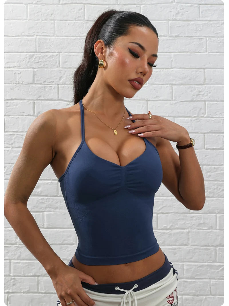 Adjustable Strappy Gym Top Backless Gym Clothes Women Scrunch Bra Removable Cups Yoga Tank Workout Outfits Tops Sports Vest