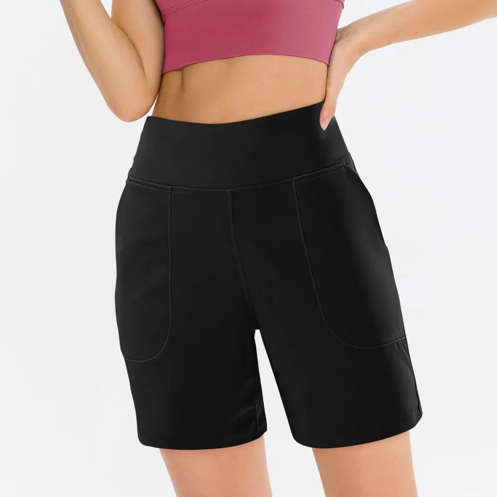 Active Wear Elastic Waist Women Running Shorts High Waist with Pockets Sport Shorts Breathable Comfortable Yoga Pants Workout
