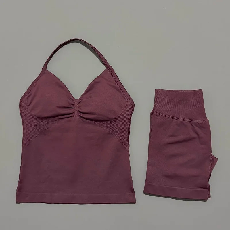 2 Pieces Impact Sports Set Women Backless Tank Yoga Tops High Waist Scrunch Seamless Shorts Sport Gym Set Sportswear Workout Set
