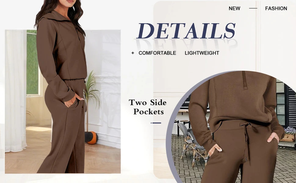 Active Fashion Women Two Piece Set Half Zip Collar Sweatshirt Popular Wide Leg Pants Pocket Design Comfy Lounge Sports Outfit