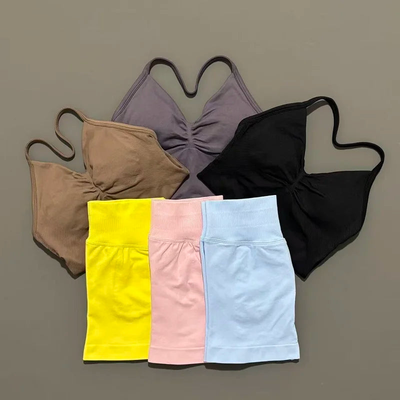 2 Pieces Impact Sports Set Women Backless Tank Yoga Tops High Waist Scrunch Seamless Shorts Sport Gym Set Sportswear Workout Set