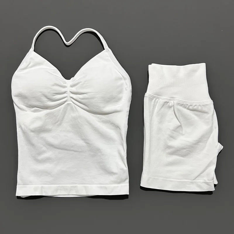2 Pieces Impact Sports Set Women Backless Tank Yoga Tops High Waist Scrunch Seamless Shorts Sport Gym Set Sportswear Workout Set