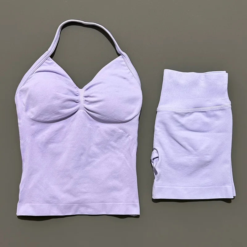 2 Pieces Impact Sports Set Women Backless Tank Yoga Tops High Waist Scrunch Seamless Shorts Sport Gym Set Sportswear Workout Set