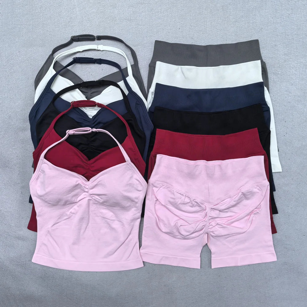 2 Pieces Yoga Set Women Backless Halter Tops High Waist Seamless Shorts Gym Suit Fitness Clothes Sportswear Workout Sets