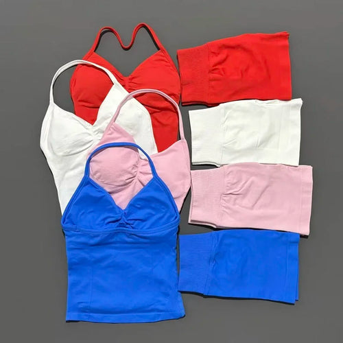 2 Pieces Impact Sports Set Women Backless Tank Yoga Tops High Waist Scrunch Seamless Shorts Sport Gym Set Sportswear Workout Set