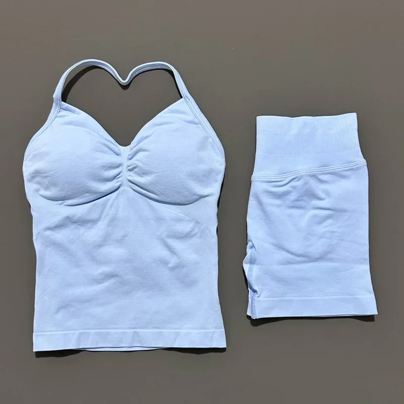 2 Pieces Impact Sports Set Women Backless Tank Yoga Tops High Waist Scrunch Seamless Shorts Sport Gym Set Sportswear Workout Set