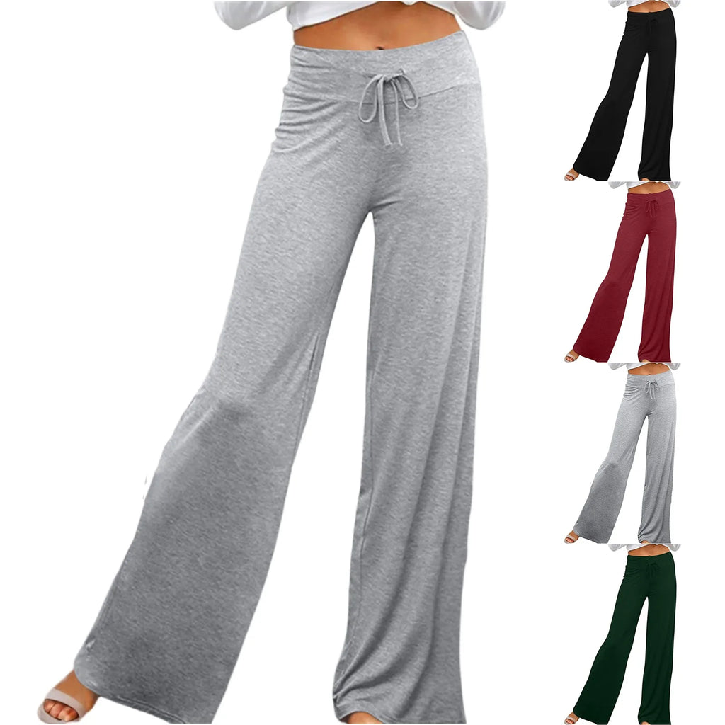 Activewear Women Wide Leg Pants Casual Cotton Yoga Pants With Pockets High Waist Drawstring Baggy Sweatpants Flare Leggings