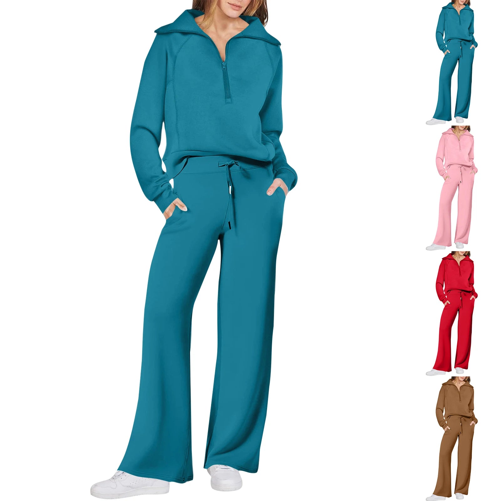 Active Fashion Women Two Piece Set Half Zip Collar Sweatshirt Popular Wide Leg Pants Pocket Design Comfy Lounge Sports Outfit