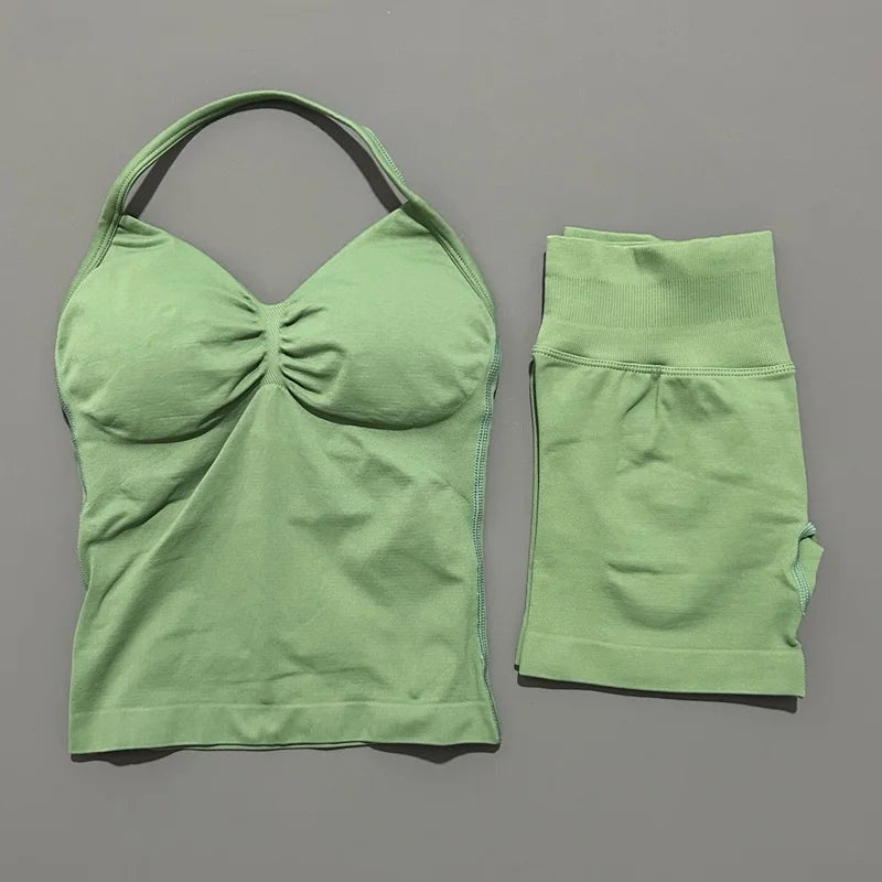 2 Pieces Impact Sports Set Women Backless Tank Yoga Tops High Waist Scrunch Seamless Shorts Sport Gym Set Sportswear Workout Set