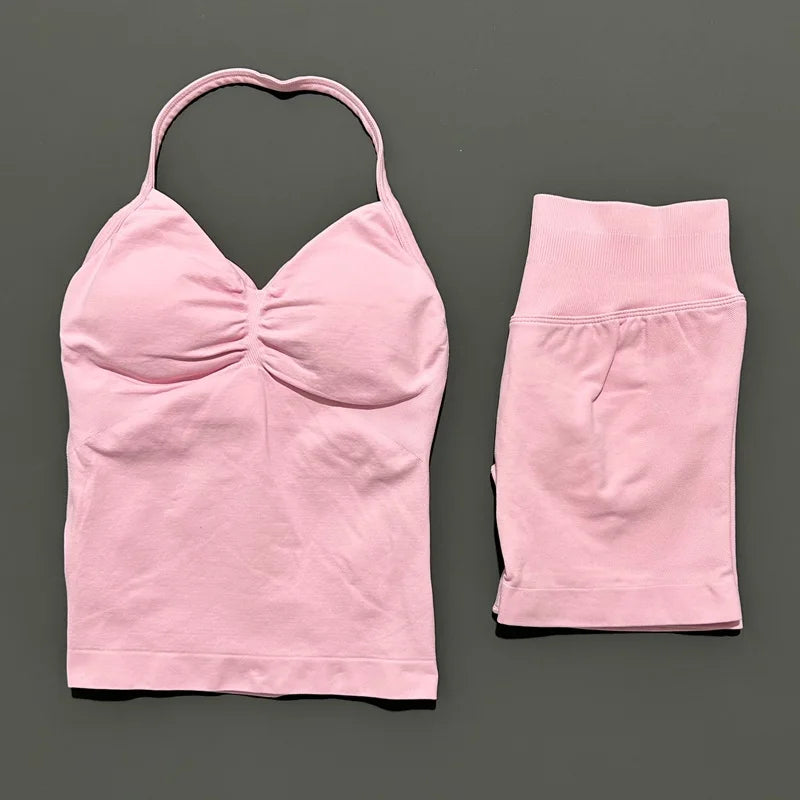 2 Pieces Impact Sports Set Women Backless Tank Yoga Tops High Waist Scrunch Seamless Shorts Sport Gym Set Sportswear Workout Set