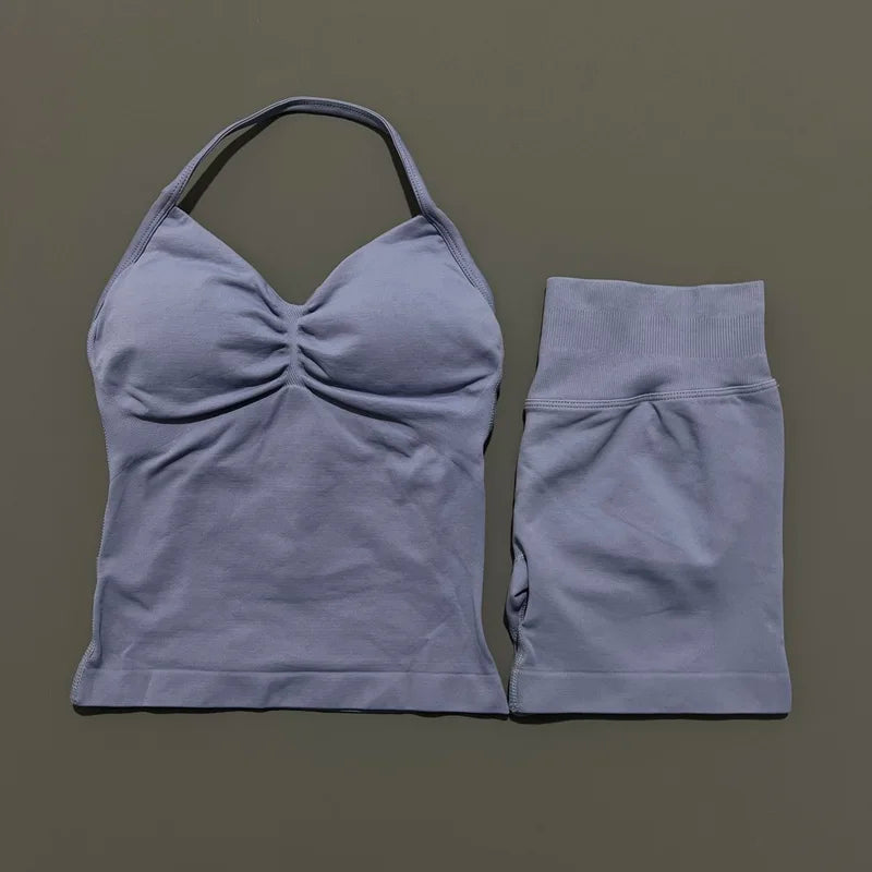 2 Pieces Impact Sports Set Women Backless Tank Yoga Tops High Waist Scrunch Seamless Shorts Sport Gym Set Sportswear Workout Set