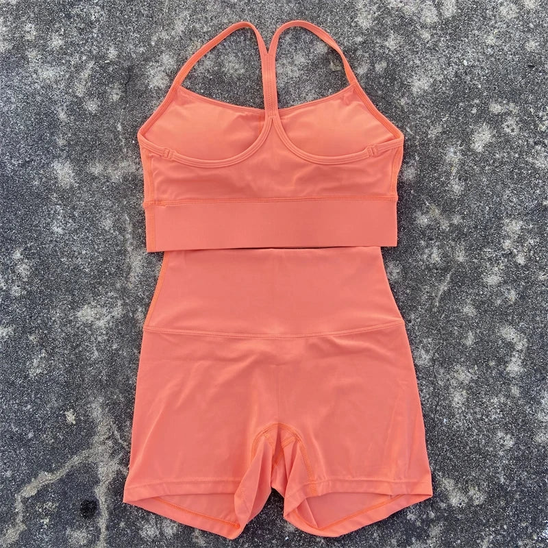 Solid Color gym bike Yoga Set short Legging +cross Y sport bra Tracksuit  Athletic Women Gym Suit Comprehensive Training Jogging