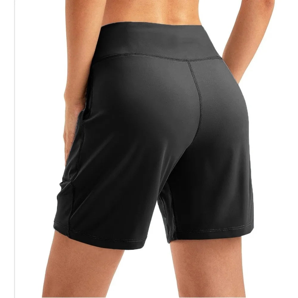 Active Wear Elastic Waist Women Running Shorts High Waist with Pockets Sport Shorts Breathable Comfortable Yoga Pants Workout