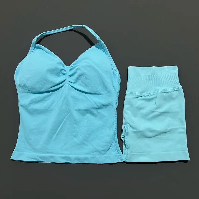 2 Pieces Impact Sports Set Women Backless Tank Yoga Tops High Waist Scrunch Seamless Shorts Sport Gym Set Sportswear Workout Set