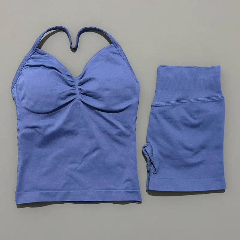2 Pieces Impact Sports Set Women Backless Tank Yoga Tops High Waist Scrunch Seamless Shorts Sport Gym Set Sportswear Workout Set