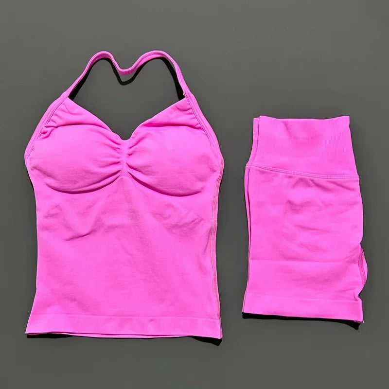 2 Pieces Impact Sports Set Women Backless Tank Yoga Tops High Waist Scrunch Seamless Shorts Sport Gym Set Sportswear Workout Set
