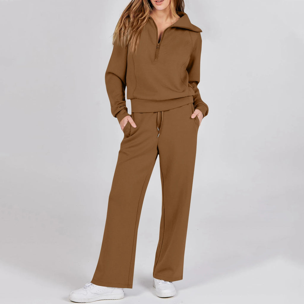 Active Fashion Women Two Piece Set Half Zip Collar Sweatshirt Popular Wide Leg Pants Pocket Design Comfy Lounge Sports Outfit