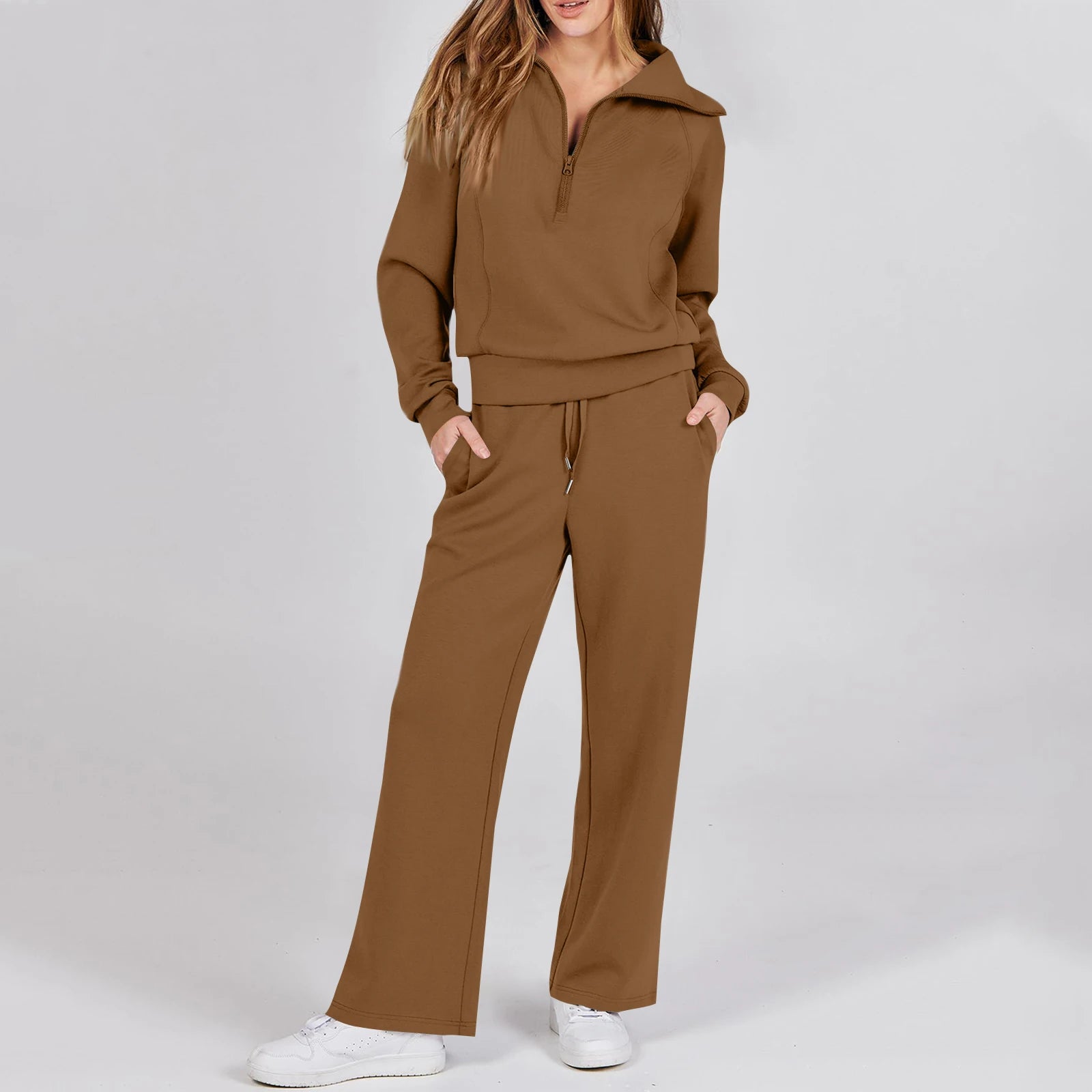 Active Fashion Women Two Piece Set Half Zip Collar Sweatshirt Popular Wide Leg Pants Pocket Design Comfy Lounge Sports Outfit