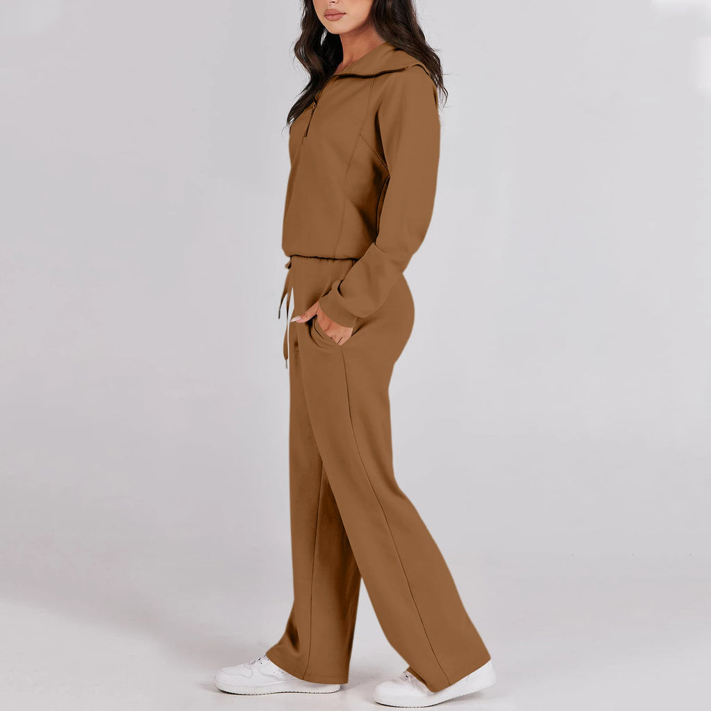 Active Fashion Women Two Piece Set Half Zip Collar Sweatshirt Popular Wide Leg Pants Pocket Design Comfy Lounge Sports Outfit