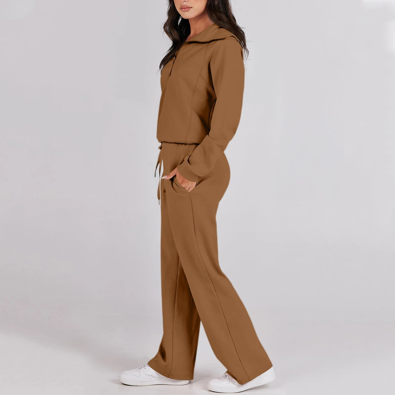 Active Fashion Women Two Piece Set Half Zip Collar Sweatshirt Popular Wide Leg Pants Pocket Design Comfy Lounge Sports Outfit