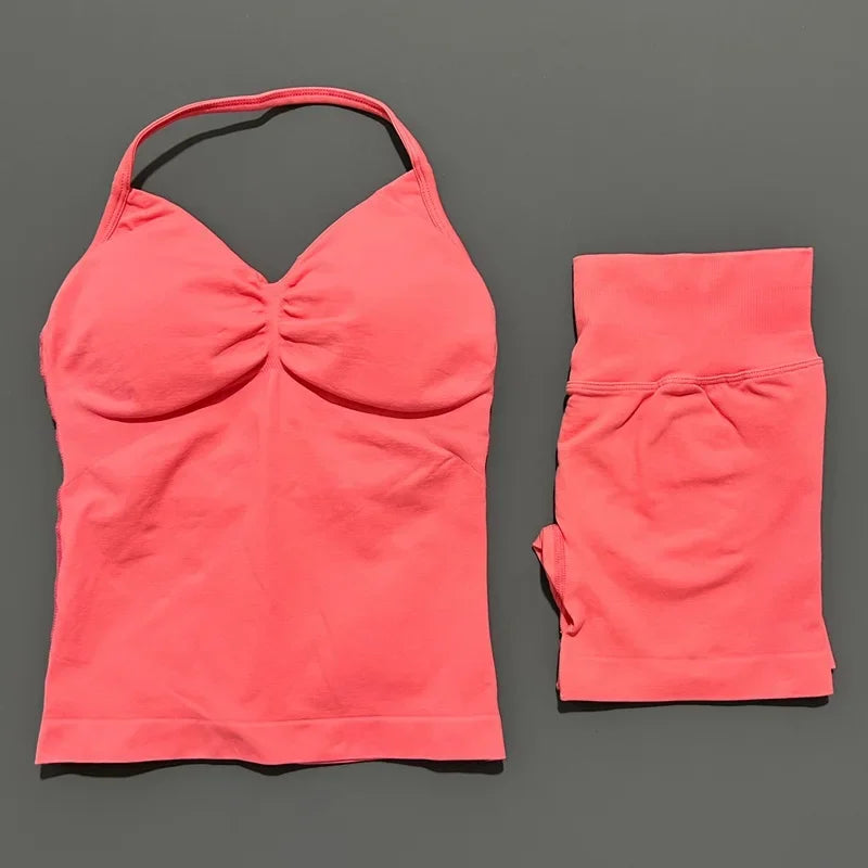 2 Pieces Impact Sports Set Women Backless Tank Yoga Tops High Waist Scrunch Seamless Shorts Sport Gym Set Sportswear Workout Set