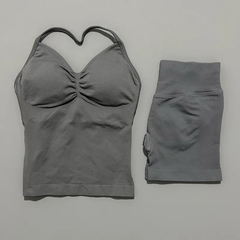 2 Pieces Impact Sports Set Women Backless Tank Yoga Tops High Waist Scrunch Seamless Shorts Sport Gym Set Sportswear Workout Set