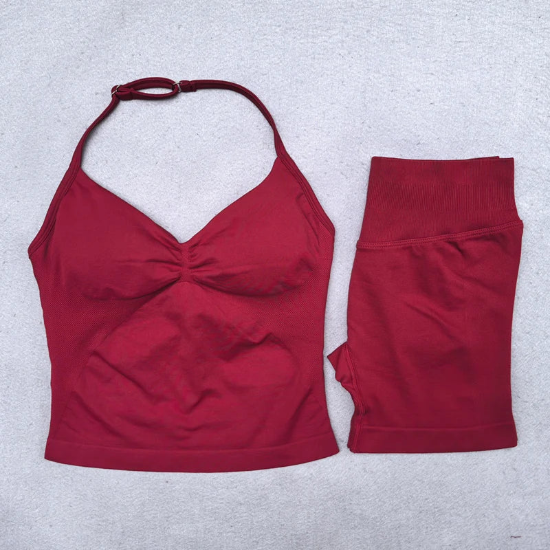 2 Pieces Yoga Set Women Backless Halter Tops High Waist Seamless Shorts Gym Suit Fitness Clothes Sportswear Workout Sets