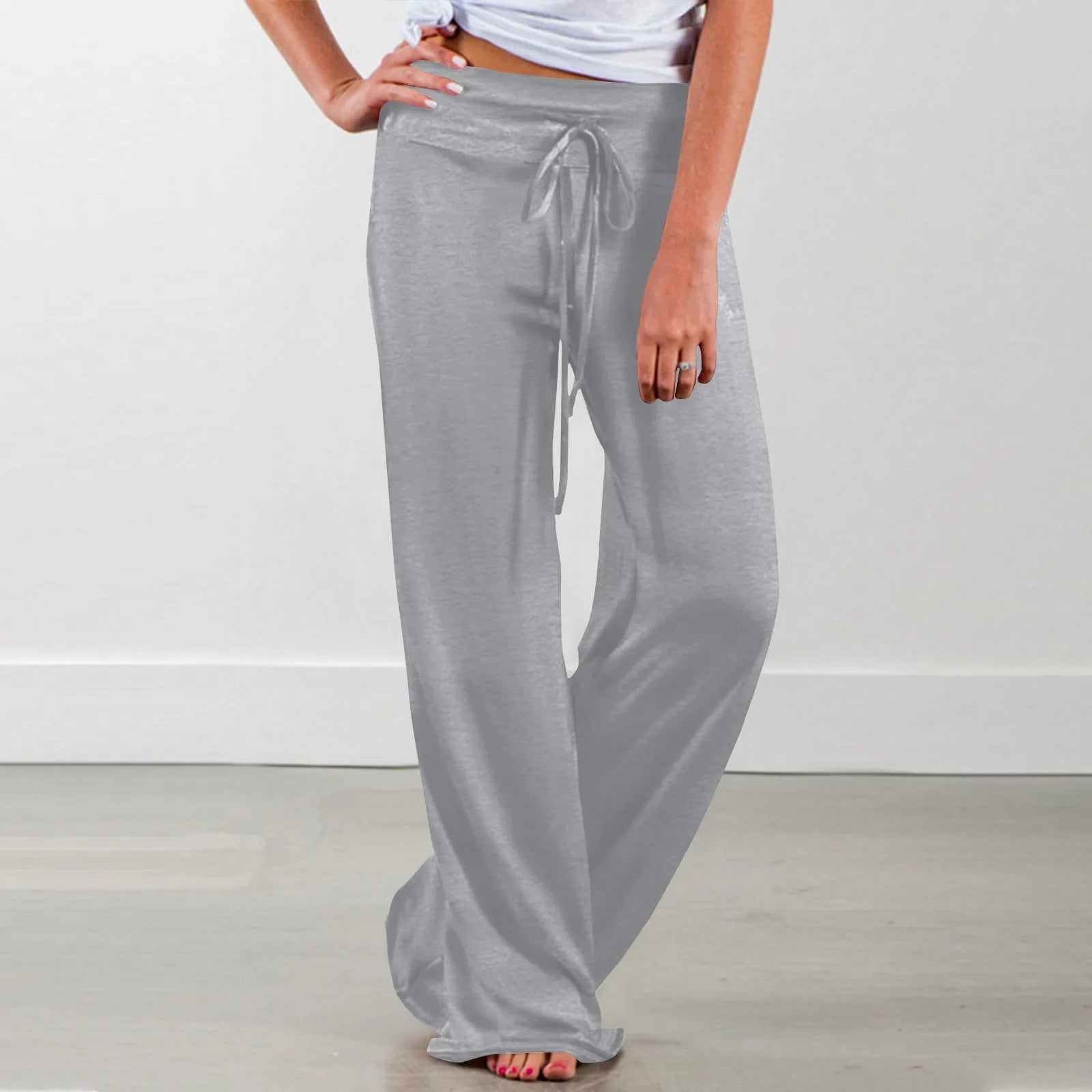 Activewear Women Wide Leg Pants Casual Cotton Yoga Pants With Pockets High Waist Drawstring Baggy Sweatpants Flare Leggings